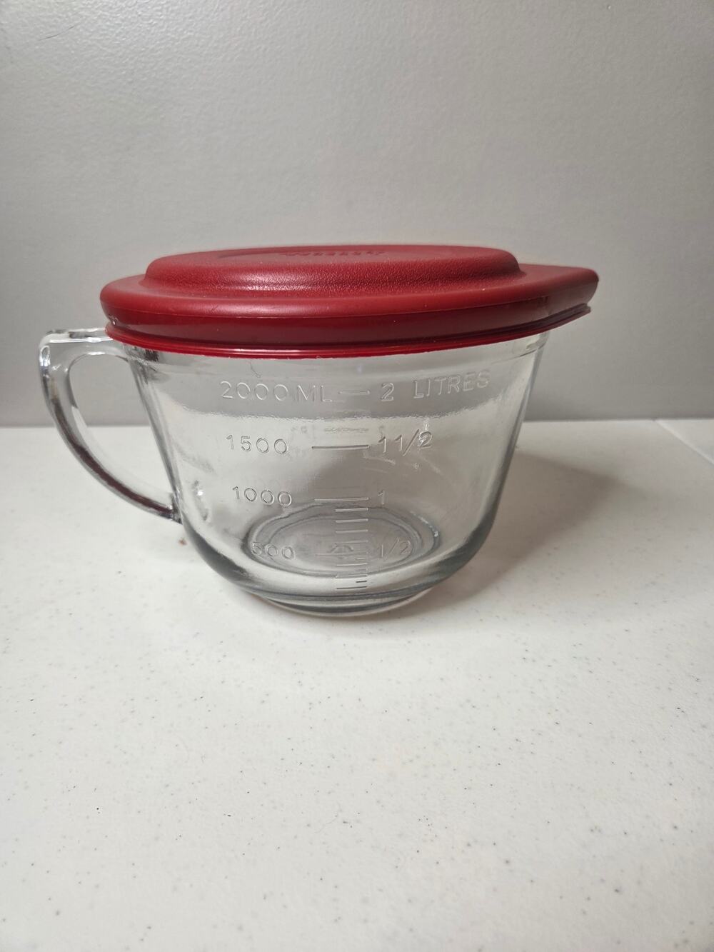 Anchor Hocking 2 Qt Glass Batter Bowl Mixing Bowl with Red Lid Vintage